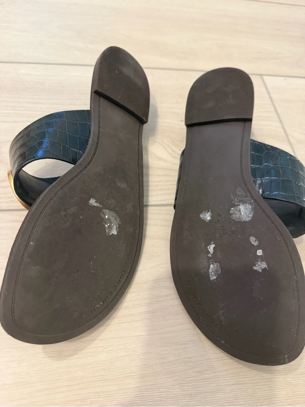 Tory Burch Black Croc-Embossed Leather Slide Sandals with Gold Logo